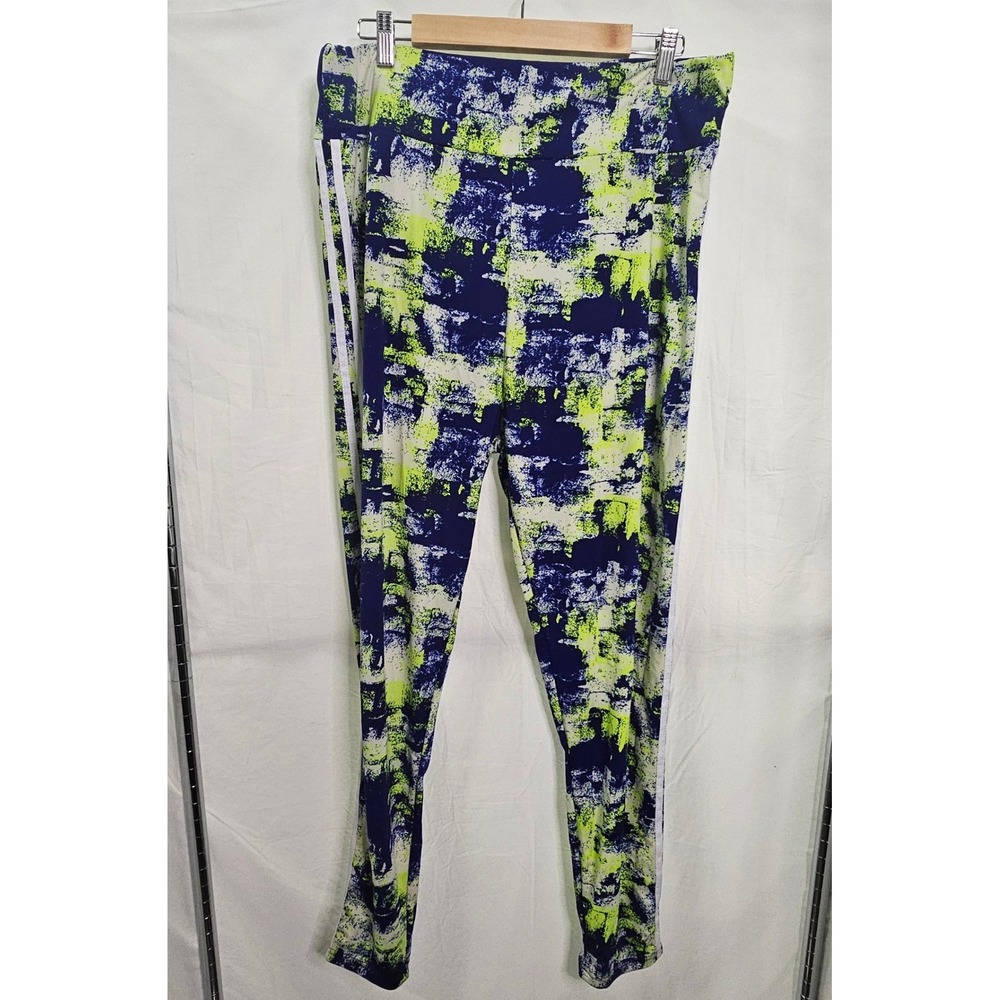AQ Sport Womens 3X Leggings Blue Yellow Abstract Stripe High Rise Activewear New